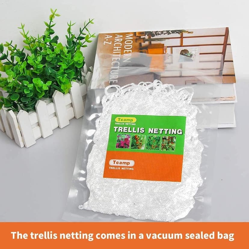 Tcamp Heavy-Duty Polyester Garden Trellis Netting Plant Climbing Net for Growing Vines Plants Vegetables Fruits Flowers, White Grow Tent (4.9Ft x15Ft, 3.5" Opening Mesh, 1 Pack Plant Net)