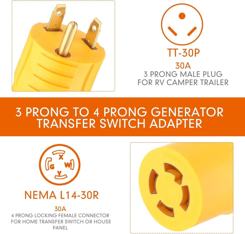 Kanayu Generator Transfer Switch Adapter Compatible with NEMA TT-30P Male to L14-30R Female, 30 Amp 3 Prong to 4 Prong Lock RV Generator Plug Adapter to House Inlet Box(Yellow)