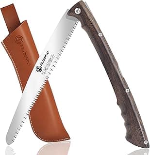Folding Pruning Saw 10 Inch with Leather Sheath and Wenge Wooden Handle, SK5 Steel Blade, Foldable Hand Saw for Camping, Survival, Wood Cutting, Bushcraft and Tree Trimming