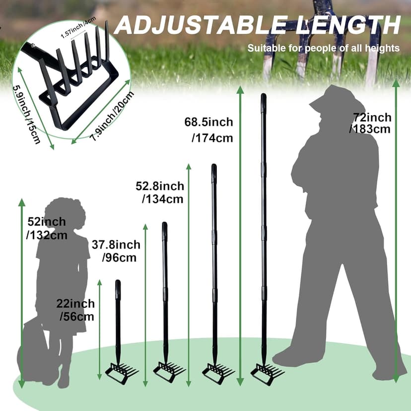 6-Tines Rake and Stirrup Hoe - Adjustable Long Handle Scuffle Loop Hula Action Hoe for Weeding, Digging, Loosening Soil, Stainless Steel Tiller Cultivator for Gardening, Raised Flower Beds Planting.