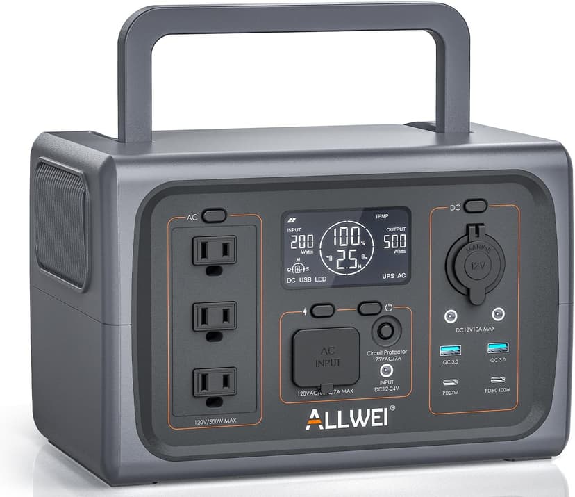 ALLWEI Portable Power Station 500W, 512Wh LiFePO4 Battery, UPS Function, 2.5Hrs Fast Charge, 3 AC Outlets(Surge 1000W), Solar Generator for Outdoor Camping RV CPAP Home Emergency