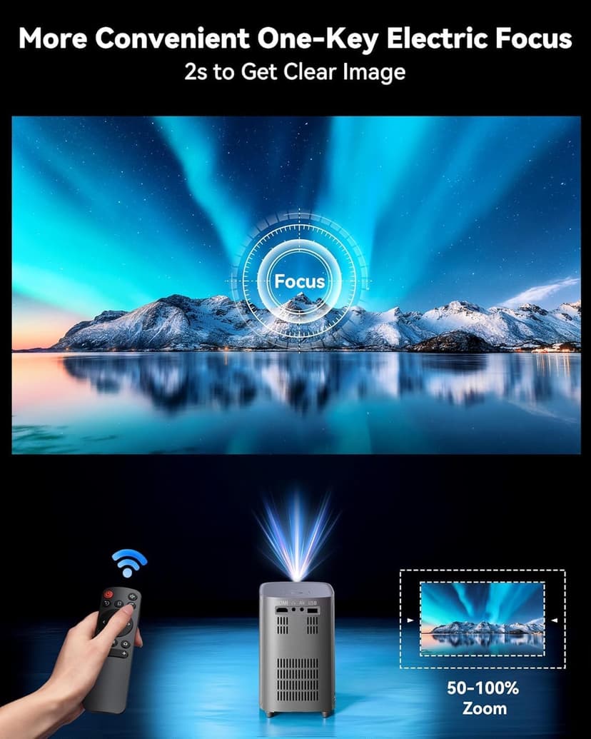 [One-Button Focus] Projector with WiFi and Bluetooth, 4K Outdoor Projector with Carry Bag, Portable Movie Projector with Zoom Function, Home Theater Projector for Phone/TV Stick/PC