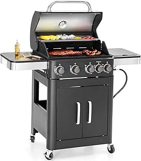 Sophia & William 4-Burner Gas BBQ Grill with Side Burner & Porcelain-Enameled Cast Iron Grates, Outdoor Cooking Propane Grills Cabinet Style Garden Barbecue Grill, 46,700BTU, Black
