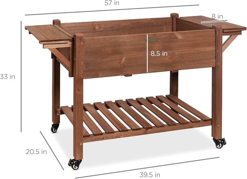 Best Choice Products 57x20x33in Mobile Raised Garden Bed Elevated Wood Planter Box Stand for Backyard, Patio w/Folding Side Tables, Locking Wheels - Brown