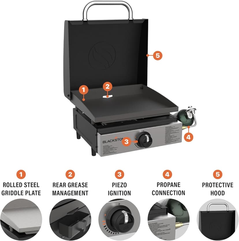 BLACKSTONE 1814 Stainless Steel Propane Gas Portable, Flat Top Griddle Frill Station for Kitchen, Camping, Outdoor, Tailgating, Tabletop, Countertop – Heavy Duty & 12, 000 BTUs, 17 Inch, Black