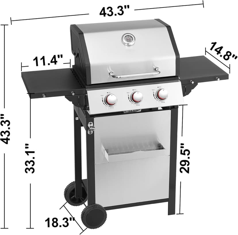 3-Burner Propane Gas Grill, Stainless Steel Cabinet with Side Table & Knob Controls, BBQ Cast Iron Grates and Thermometer for Outdoor Cooking, Patio, BBQ