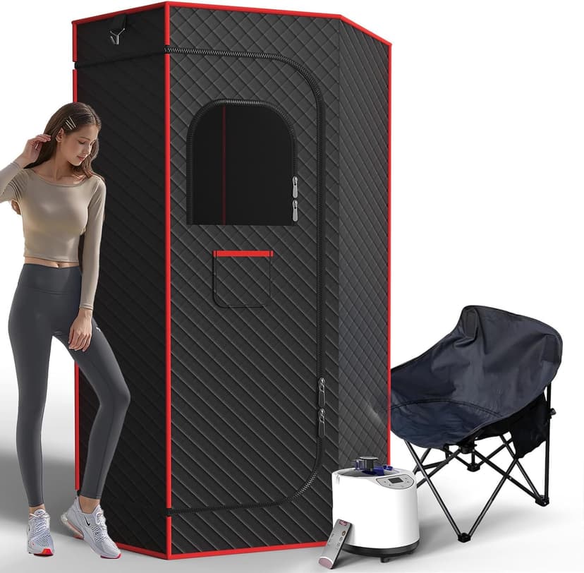 Portable Sauna Box, Steam Sauna for Home with 3L Steamer, Remote Control, Folding Chair and Mat, Personal Sauna Tent for Wellness & Relaxation, 15 Levels, Red