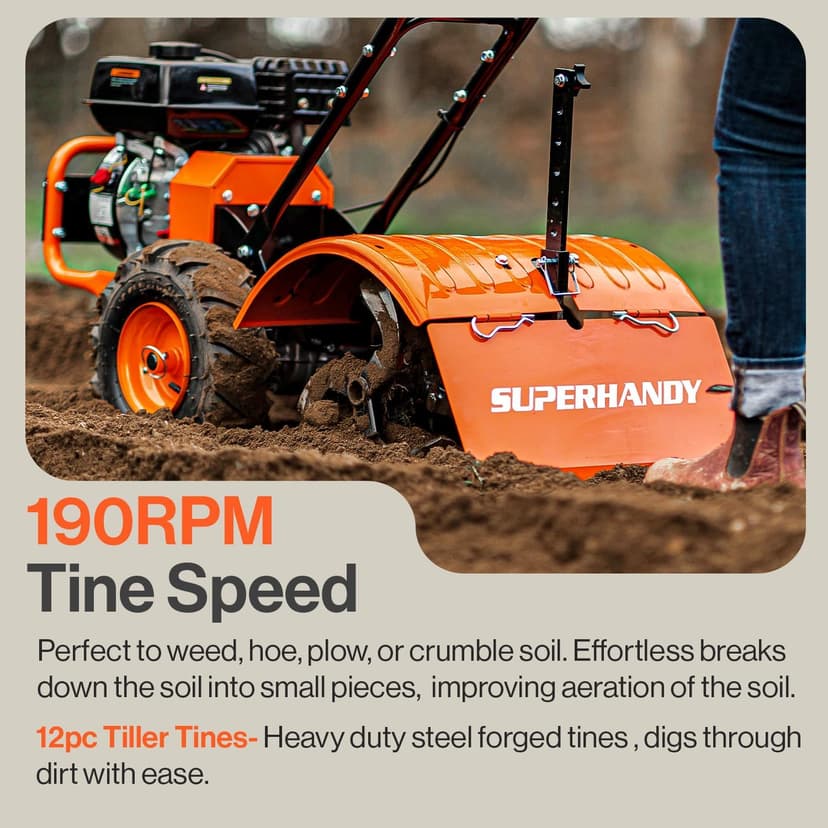 SuperHandy Tiller Cultivator – 7HP 209cc Engine, Adjustable Tilling Width & Depth, Heavy-Duty Steel Tines for Garden Soil Prep, Landscaping & Weed Removal (Rear Tine Tiller)