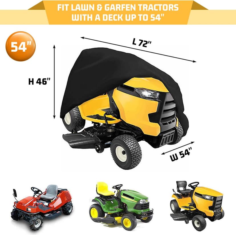 Riding Lawn Mower Cover, Heavy Duty Waterproof Polyester 600D Oxford Tractor Cover UV & Dust & Water Resistant, Universal Fit Decks up to 54" with Elastic Cord & Storage Bag (Black)