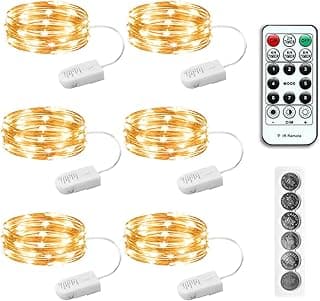 6PCS Fairy Lights Battery Powered with Remote, 7ft 20LEDs Warm White Twinkle Mini Lights with Timer, Waterproof Small Silver Wire Firefly Starry for DIY Wedding Party Christmas