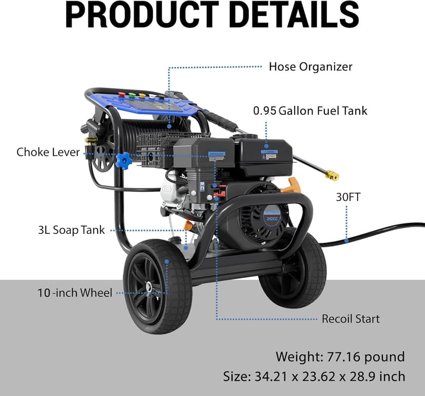 3600PSI Gas Pressure Washer, 2.3GPM Heavy-Duty High Power Washer with 212CC Engine, 5 Quick-Connect Nozzles, 30ft High-Pressure Hose & Hose Reel, Maintenance-Free Aluminum Axial Cam Pump