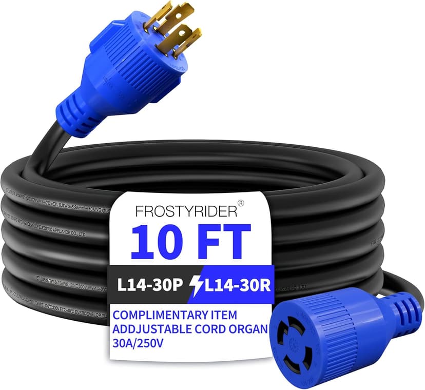 4 Prong 30 Amp 10 Foot Generator Extension Cord, NEMA L14-30P/L14-30R, 125/250V Up to 7500W 10 Gauge SJTW Generator Cord, ETL Listed