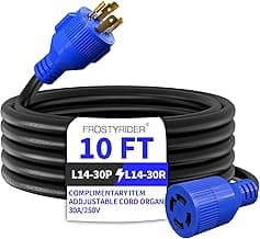4 Prong 30 Amp 10 Foot Generator Extension Cord, NEMA L14-30P/L14-30R, 125/250V Up to 7500W 10 Gauge SJTW Generator Cord, ETL Listed