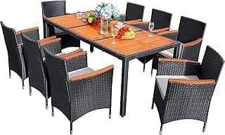 Flamaker 9 Piece Patio Dining Set Outdoor Acacia Wood Table and Chairs with Soft Cushions Wicker Patio Furniture for Deck, Backyard, Garden