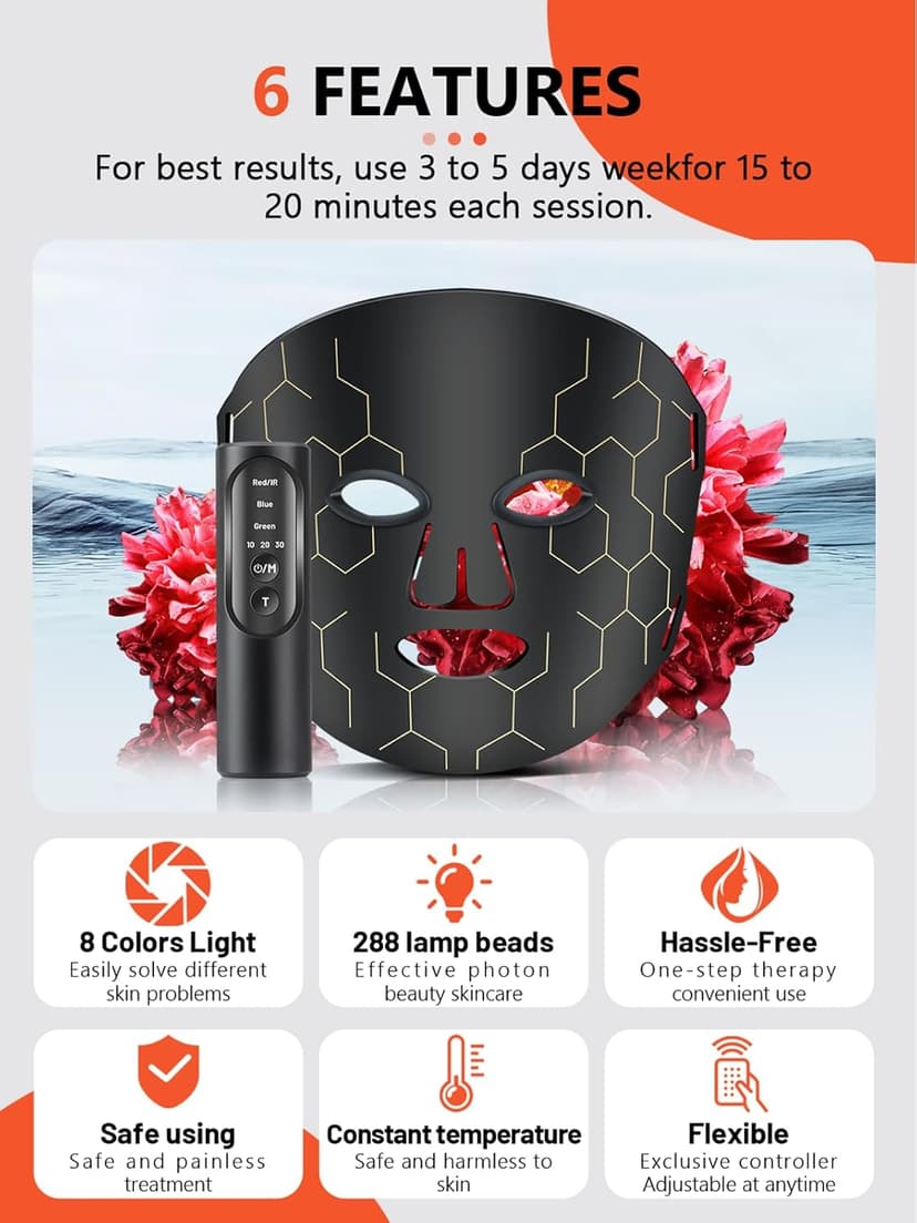Red Light Therapy Mask for Face, 8 Mode Facial Skin Care Mask, 288 Lamp Red Light Therapy Mask at Home, 660nm&850nm Infrared Light Therapy Mask with Timer Remote Control, Relife