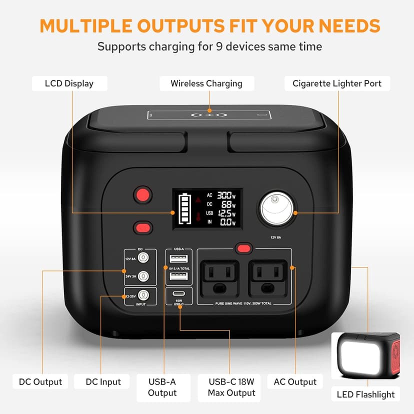 Portable Power Station With Wireless Charging 300W Portable Solar Generator 228Wh Power Supply With LED Light Power Generator 9 Outputs Charging Station for Outdoor Camping Emergency
