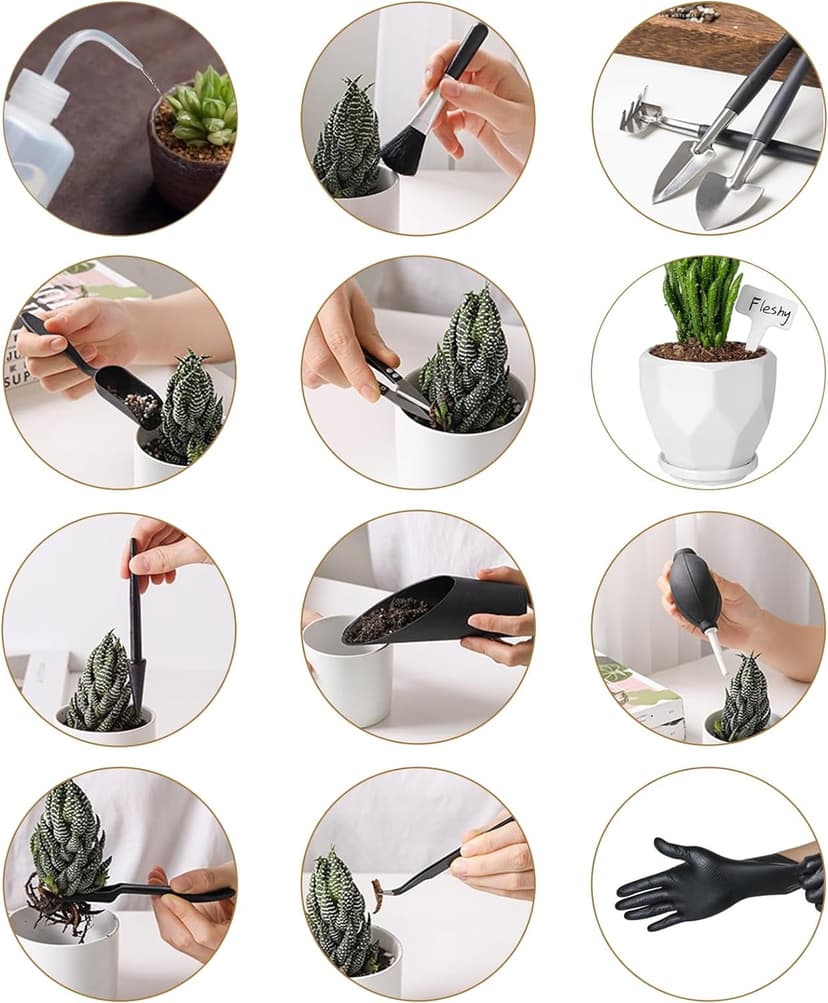 Melphoe 25Pcs Mini Garden Hand Transplanting Succulent Tools Set, 39.4" Thickened Repotting Mat & Plant Tag, Miniature Planting Indoor Fairy Care, Potting, Cactus, Houseplant Bonsai Tool Kit (Black)