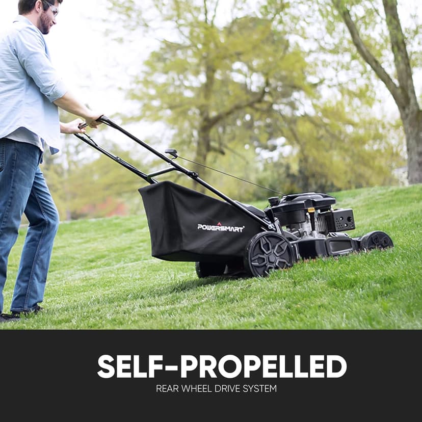 PowerSmart Self Propelled Gas Lawn Mower, 22 in. with 170cc OHV Engine, 3-in-1 Rear-Wheel-Drive High Wheels, Black