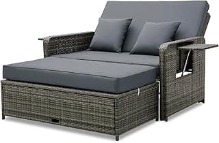 Tangkula Patio Rattan Daybed Set, Wicker Loveseat Sofa w/Multipurpose Ottoman & Retractable Side Tray, 4-Level Adjustable Backrest, Footstool w/Storage, Seat & Back Cushion Included (Gray)