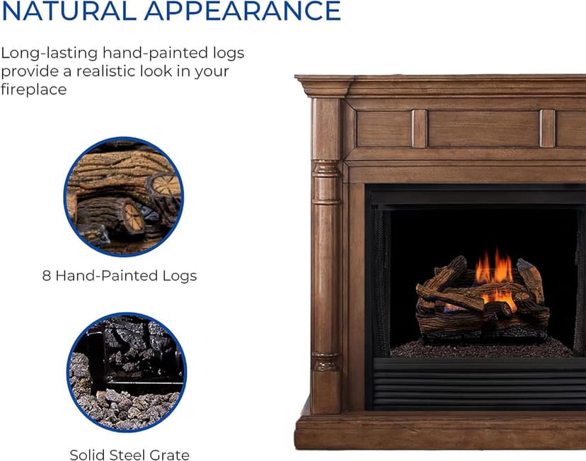 Duluth Forge Split Red Oak Ventless Log Set – 18 Inch, 30,000 BTU, Dual Fuel (Propane/Natural Gas), Remote Control, Realistic Fireplace Insert