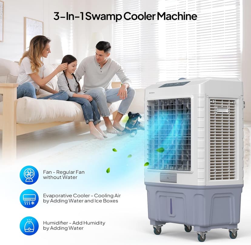 ROVSUN 4100CFM Portable Air Cooler, 13.2Gal/50L Evaporative Swamp Cooler, 3-IN-1 Cooling Fan with Remote Control, 3 Speeds, 7.5H Timer & 4 Ice Box, Humidifying Oscillating Fan for Indoor or Outdoor