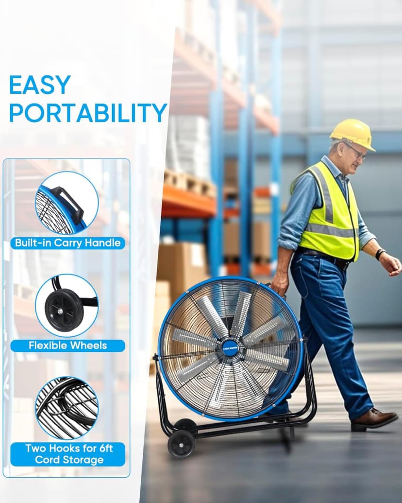 KEN BROWN 24 Inch Industrial Drum Fan, High Velocity Floor Shop Fan, Heavy Duty, 9500 CFM, 8 Blades, 3 Speeds, 360 Degree Tilt, Ideal for Industrial, Commercial, Gym, Garage Use, Blue