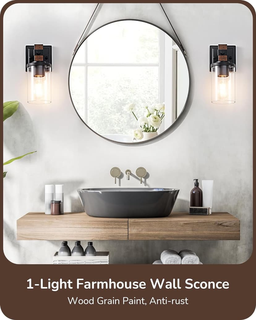 EDISHINE Wall Sconces Set of 2, Farmhouse Vanity Lights Fixtures for Bathroom, 1-Light Faux Wood Rustic Bath Wall Mount Lamp with Clear Glass Shade for Hallway, Living Room, Mirror, Kitchen