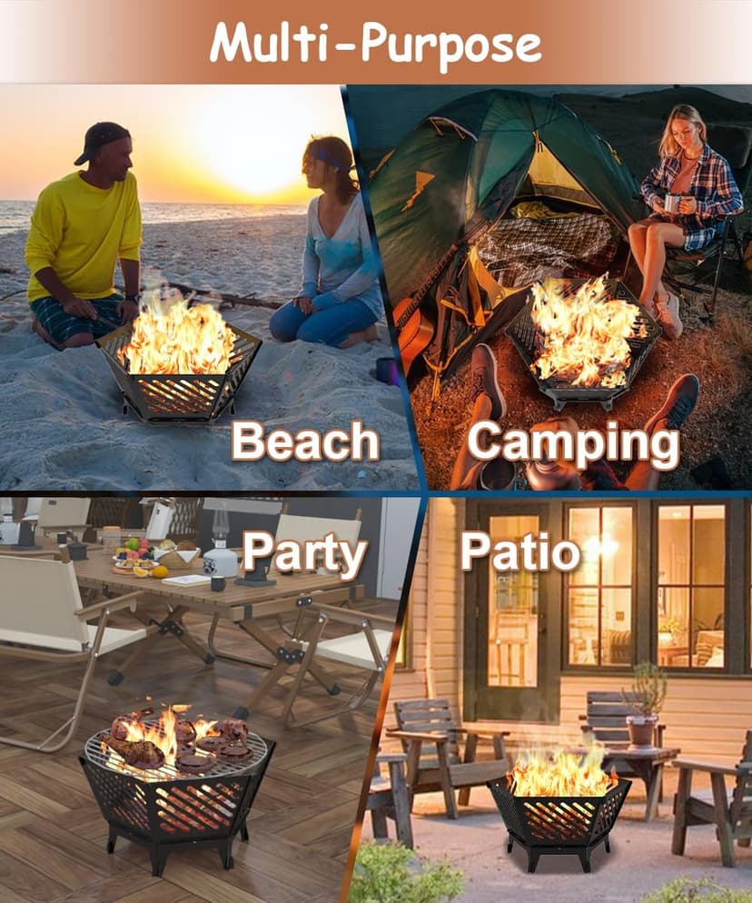22.5 Inch Portable Plug Fire Pit for Camping, Detachable Outdoor Wood Burning Firepit with Travel Bag for Outside Patio Heating, Picnic, Bonfire and BBQ, Diagonal Hollow Style
