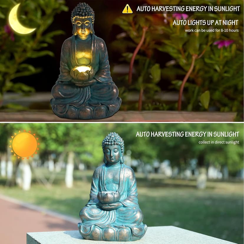 Solar Buddha Statue Outdoor Lights - Waterproof Garden Statue with Lotus, Meditation Zen Spiritual Room Decor for Yard, Patio, Buddha Statue for Home Garden Decor Indoor