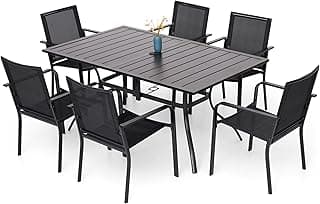 7-Piece Outdoor Patio Dining Set, 6 Stackable Patio Chairs & Rectangular Dining Table with All Weather Frame Furniture Set - Black