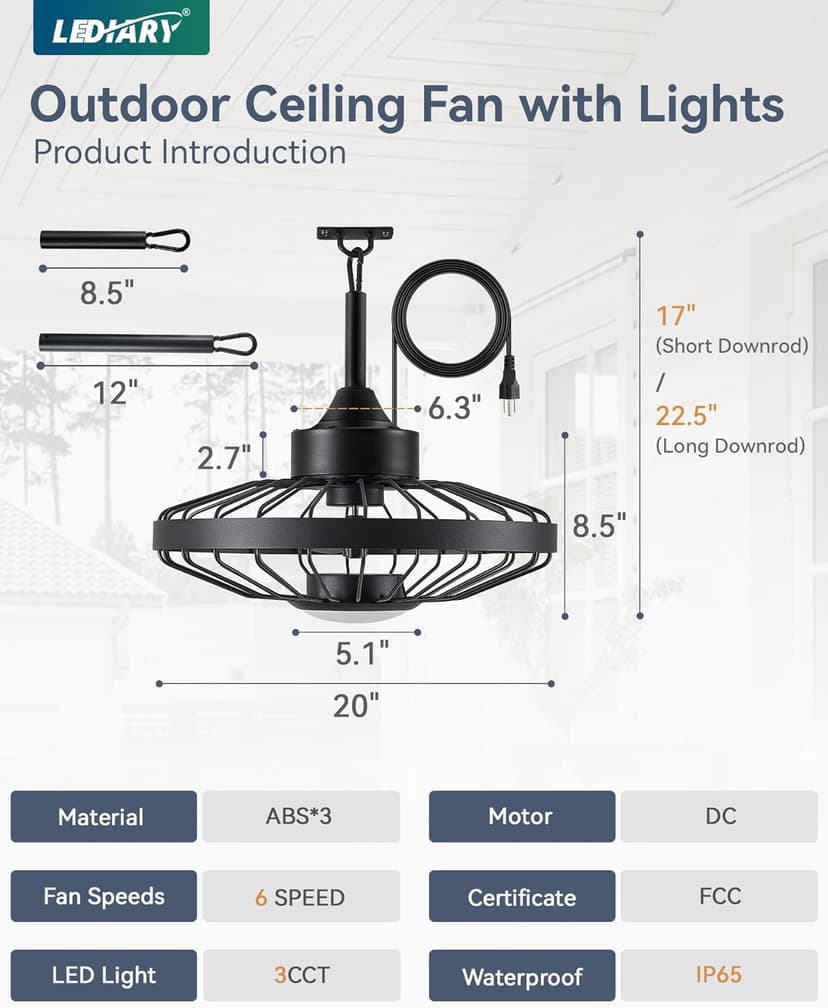 LEDIARY 20" Outdoor Ceiling Fans with Lights and Remote Control, Waterproof Caged Ceiling Fan with 3 Color LED Light,Portable Hanging Gazebo Fan with Plug in Cord Hook for Patios,Black