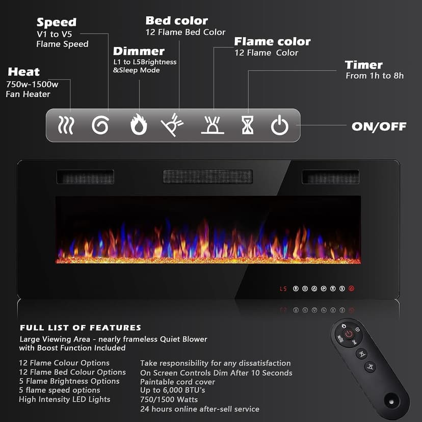 BOSSIN 60 inch Ultra-Thin Silence Linear Electric Fireplace, Recessed Wall Mounted Fireplace, Fit for 2 x 4 and 2 x 6 Stud, 12 Adjustable Flame Color & Speed,Touch Screen Remote Control with 8h Timer