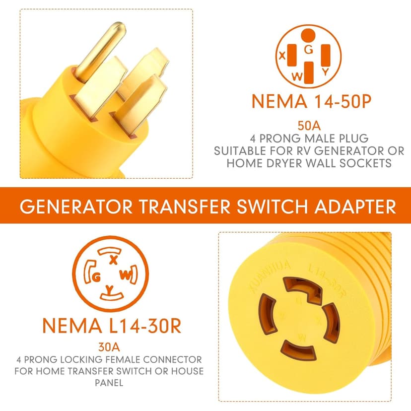 Kanayu Generator Transfer Switch Adapter Compatible with NEMA 14-50P to L14-30R, 4-Prong Generator to House Adapter 50 Amp Male 30 Amp Locking Female Welder Dryer RV EV