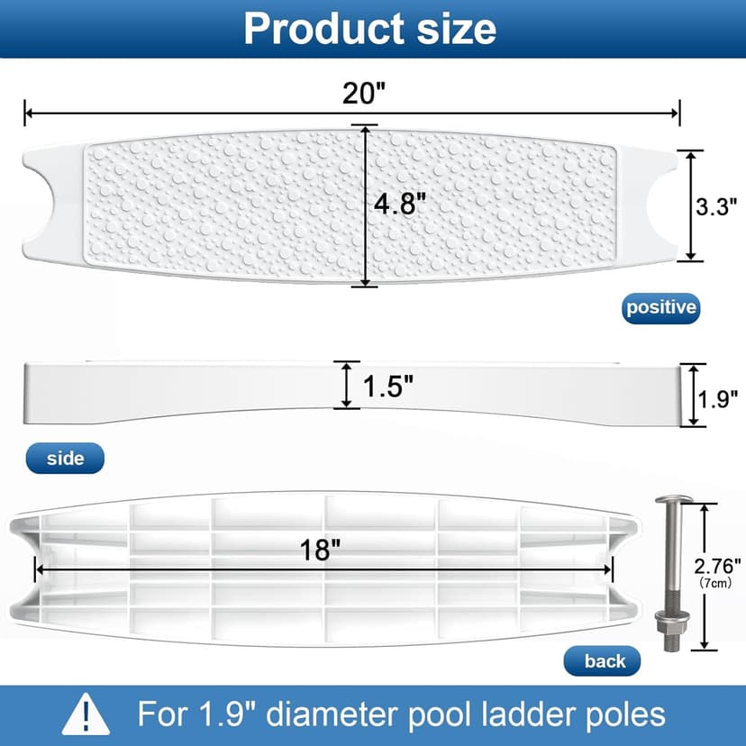 Goovilla Pool Ladder Steps Replacement, (3-Pack) 18" Universal Heavy-Duty Molded Plastic Swimming Pool Ladder Rung Step with 6 PCS Stainless Steel Bolts for Inground and Above Ground Pools, White