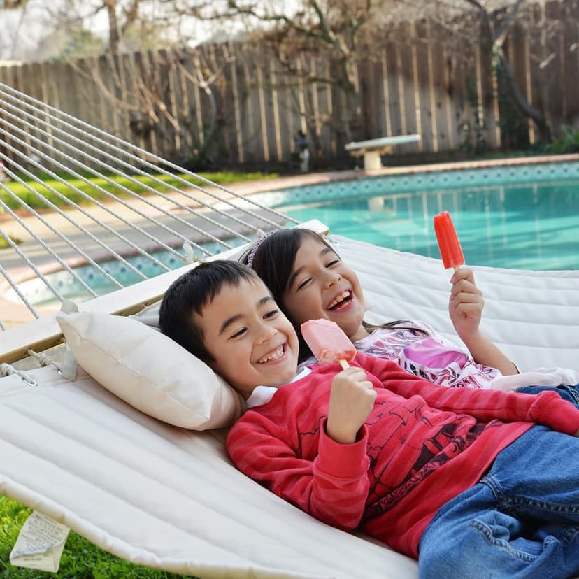 Lazy Daze Hammocks 12 FT Double Quilted Fabric Hammock with Spreader Bars and Detachable Pillow, 2 Person Hammock for Outdoor Patio Backyard Poolside, 450 LBS Weight Capacity, Natural