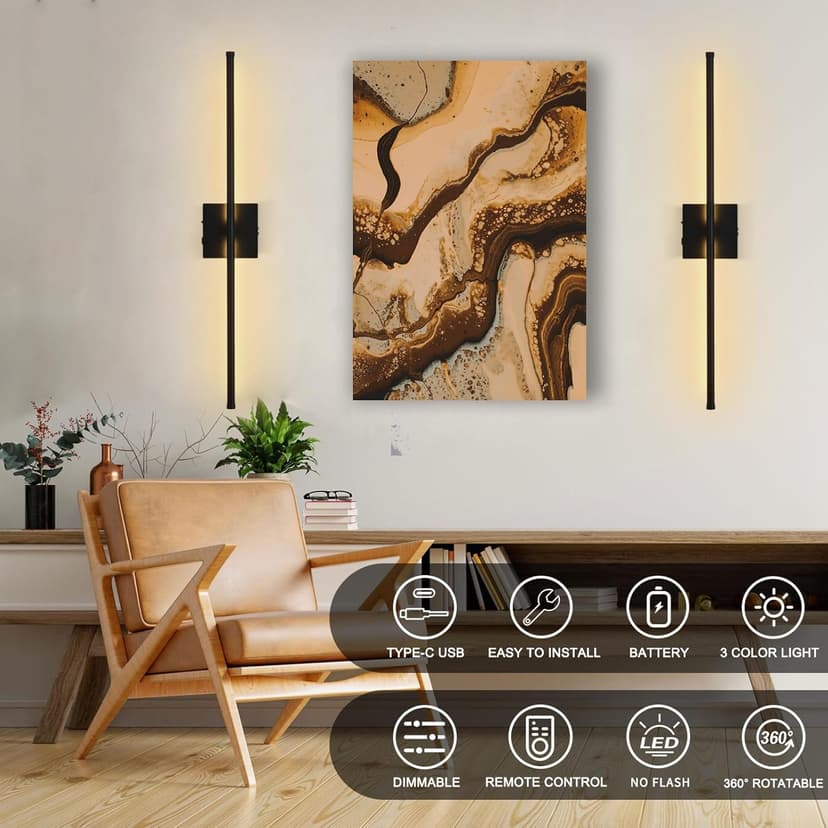 LED Wireless Wall Sconce with Remote Control (Set of Two), USB Rechargeable Battery Powered Indoor Wall Lamps, Dimmable, 360° Rotate,Timing, 28.3 inch Black Wall Lights for Hallway/Living Room/Bedroom