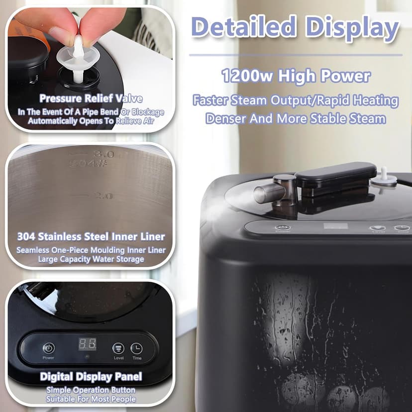 3 L Large Capacity Portable Sauna Steamer, Spa Machine,1200 w Steam Generator,Home Sauna Steamer Pot with Remote Control, 9 Temperature Levels, Home Spa Sauna Accessories