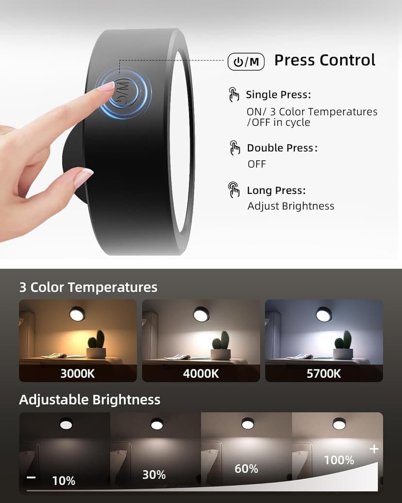 EZVALO LED Wall Mounted Lights, 5500mAh Rechargeable Wall Sconces Lamp, 3 Color Temps & Remote and Touch Control, 360°Rotation Dimmable Cordless Wall Light for Bedroom Reading Study Bedside (2 Pack)