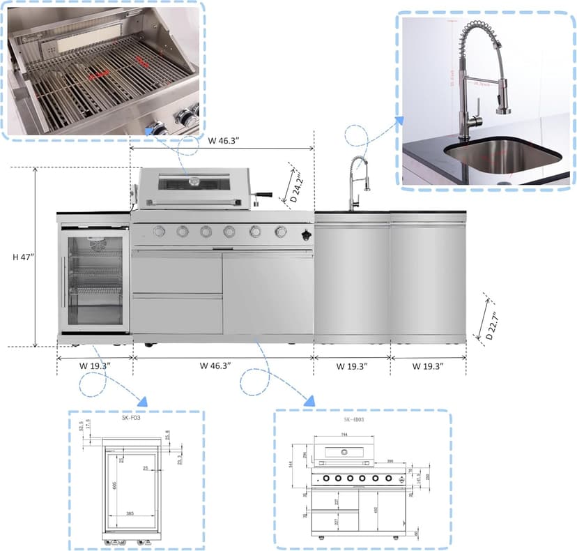 104 Inches 4-Burner 72000 BTU Deluxe Stainless Steel Gas Outdoor Kitchen Bar Barbecue Island Grill, Wine Cooler Compact Refrigerator, Rotisserie Kit, Granite Countertops, Stainless Steel Sink, Silver