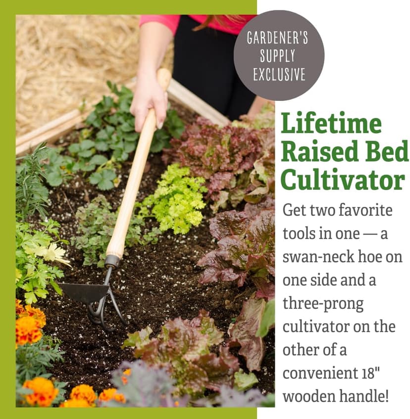 DeWit Gardener's Supply Company Lifetime Raised Bed Cultivator & Long-Handled Garden Hoe | High Carbon Boron Steel Gardening Tool - 18" Handle