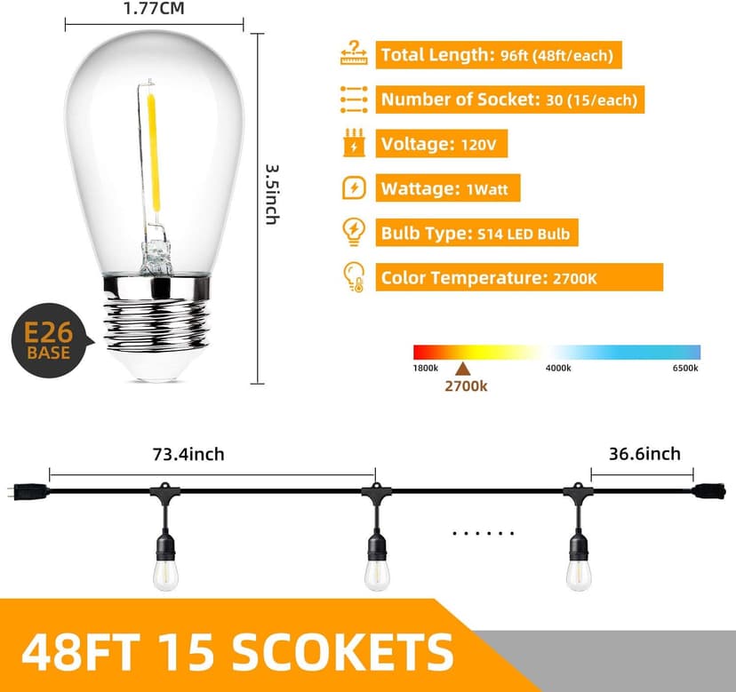 Lakumu Outdoor String Lights 96FT(48×2), Commercial Grade Heavy Duty Patio Light with Dimmable S14 Shatterproof LED Bulbs, Linkable Waterproof Bistro Lights for Outside Deck Backyard Cafe Market