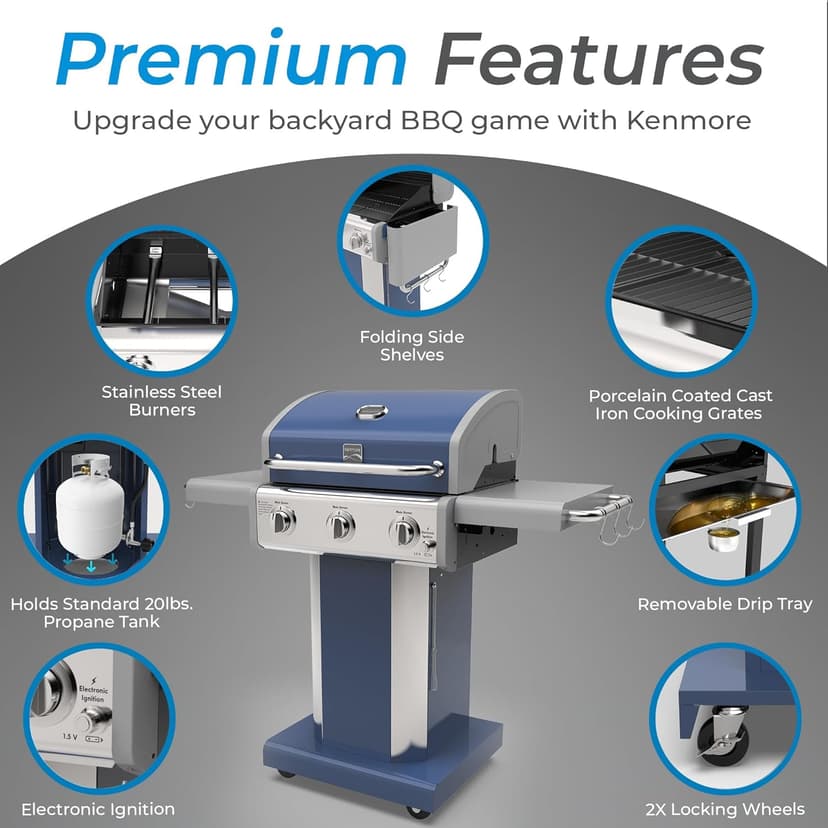 Kenmore 3-Burner Propane BBQ Grill, 30,000 BTUs Gas Grill with Cast Iron Cooking Grates, Folding Side Tables & Wheels, Outdoor Grill with Tool Hooks, Azure Blue