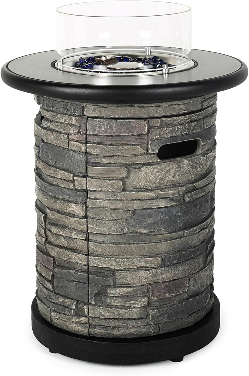 Outdoor Gas Propane Fire Pit Table, Round Porcelain Tile Top 22" Fire Bowl Column W/ 40,000 BTU Firepit Table Auto-Ignition 400D Cover Glass Rocks for Outside Patio