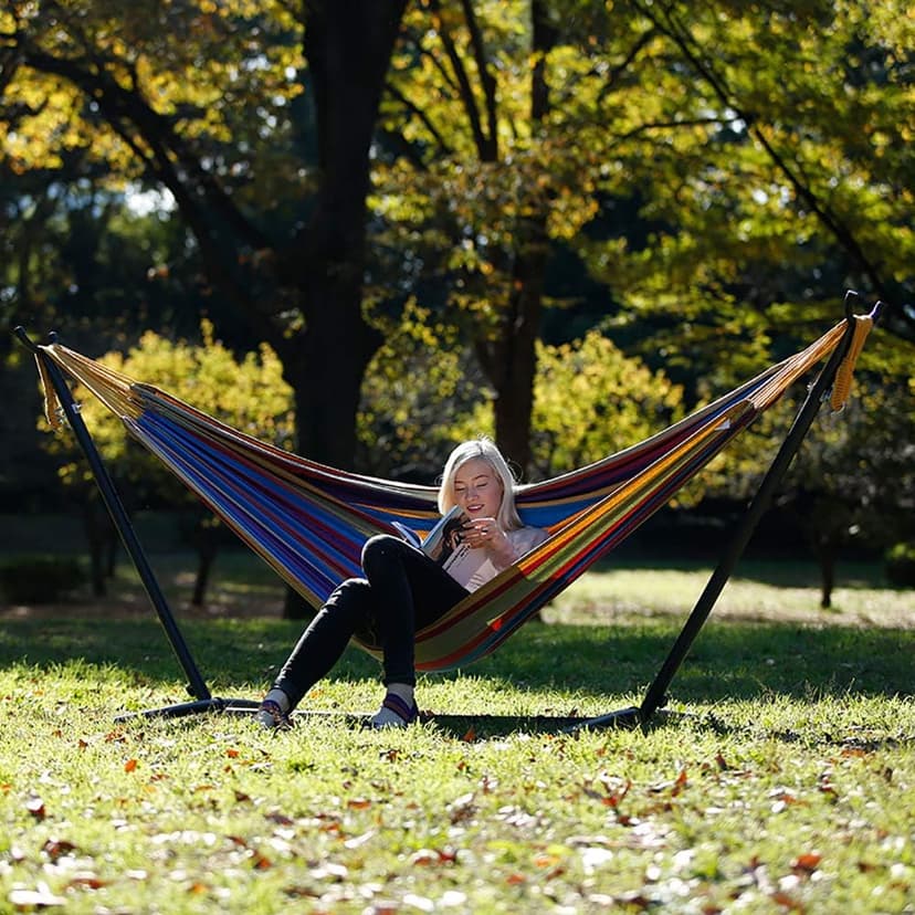 Vivere Double Cotton Hammock with Space Saving Steel Stand, Upgraded Polyester End Strings 450 lb Capacity - Premium Carry Bag Included - USA Grown Cotton (Tropical)