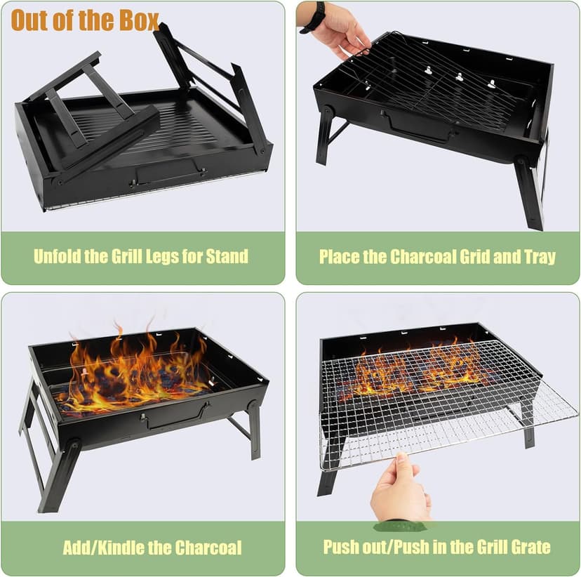 Portable Charcoal Grill for Camping Small Tabletop BBQ Grill for Picnic Trip Foldable Lightweight Barbeque Grill Set Including Tongs Skewers Basting Brush