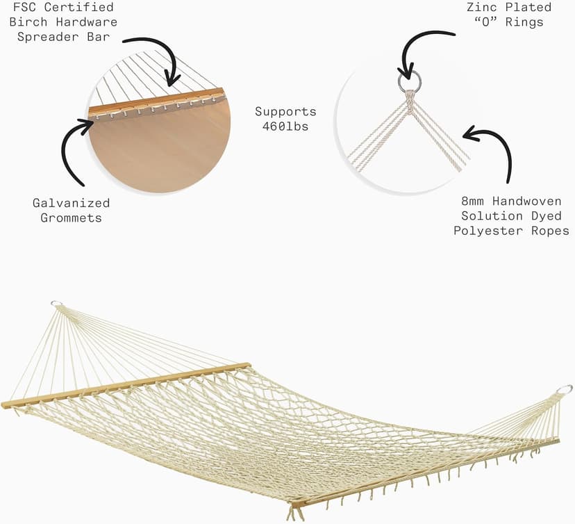 Fab Habitat Rope Recycled Polyester Hammock - Miami - Natural - Indoor/Outdoor, Quick Dry, 2 Person 400 lbs Capacity - Patio, Poolside, Backyard, Garden, Beach, Balcony - 12-14 ft Adjustable
