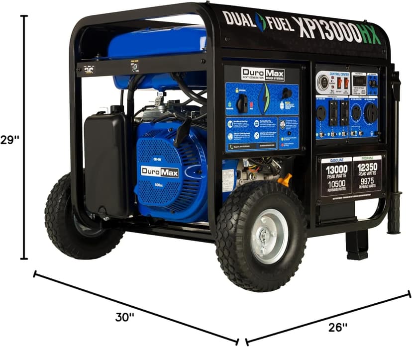 DuroMax XP13000HX Dual Fuel Portable Generator - 13000 Watt Gas or Propane Powered - Electric Start w/ CO Alert, 50 State Approved, Blue