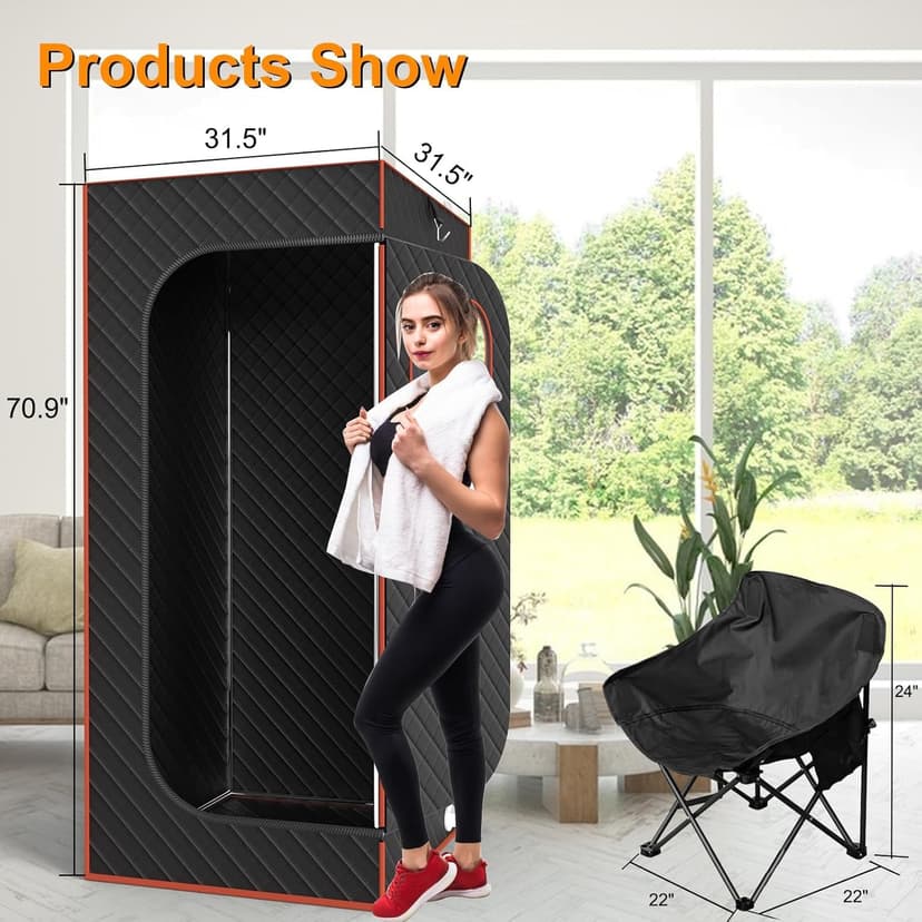 Portable Sauna for Home, Sauna Box Sauna Tent with 3L Steamer, Remote Control, Folding Chair and Foot Pad, Full Size Personal Steam Sauna for Home Spa, 15 Levels, Orange