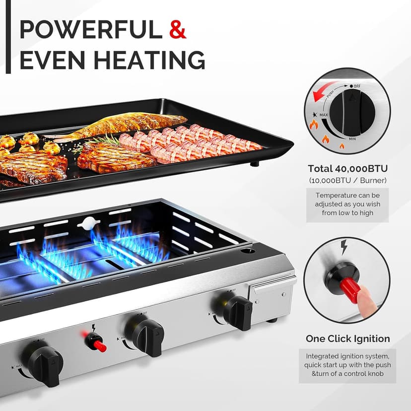 ROVSUN 4 Burner Portable Propane Griddle with Nonstick Enameled Tray, 40000 BTU Rolling Flat Top Gas Grill with Electronic Ignition, Side Shelves & Regulator for Outdoor Cooking Camping BBQ Tailgating