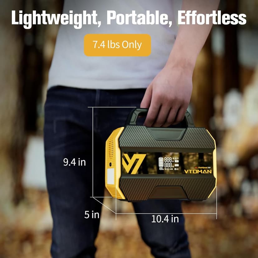 VTOMAN FlashSpeed 300 Portable Power Station 70000mAh, Only 7.4lbs with 7 Outlets, LiFePO4 Generator with Up to 600W AC Outlet, 12V/24V DC Input Adapt RV/Van, PD 100W Type-C for Power Outage, Camping
